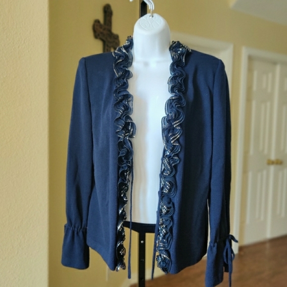 St. John Evening Navy Blue Embellished Ruffled Long Sleeve Knit Cardigan Sz 6 - Picture 4 of 11